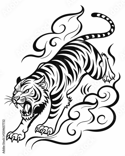 The image showcases a bold, black-and-white tattoo-style illustration of a roaring tiger.