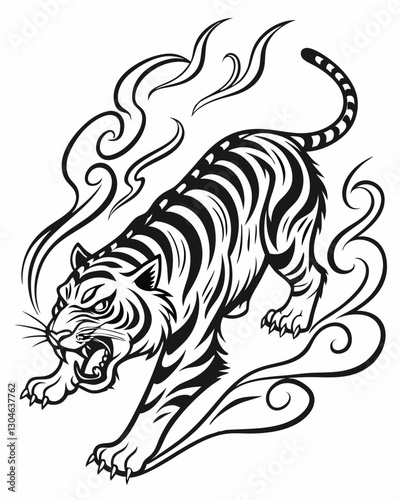 The image showcases a bold, black-and-white tattoo-style illustration of a roaring tiger.