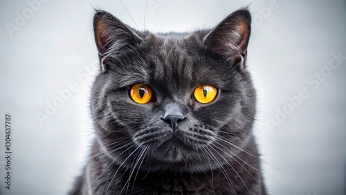 Majestic Black British Shorthair Cat with Yellow Eyes on White Background - Studio Shot