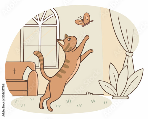 The image depicts a cute and playful illustration of a cat chasing a butterfly inside a room. 