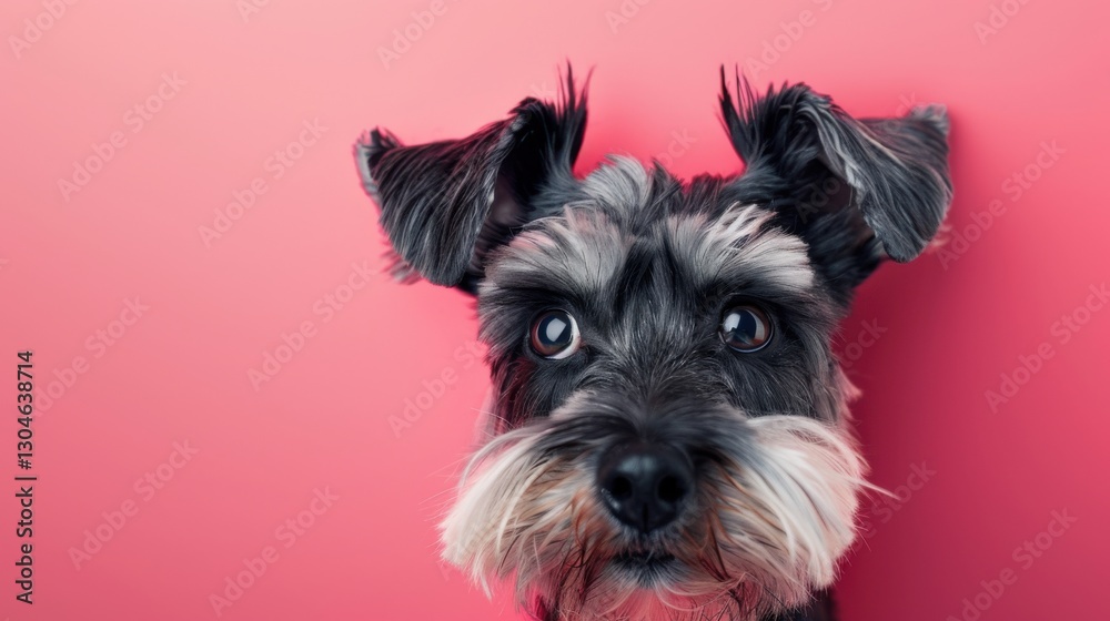 Cute schnauzer with expressive eyes poses against a pink background, showcasing its playful personality and fluffy fur Cute schnauzer with expressive eyes poses against a pink background, showcasing its playful personality and fluffy fur