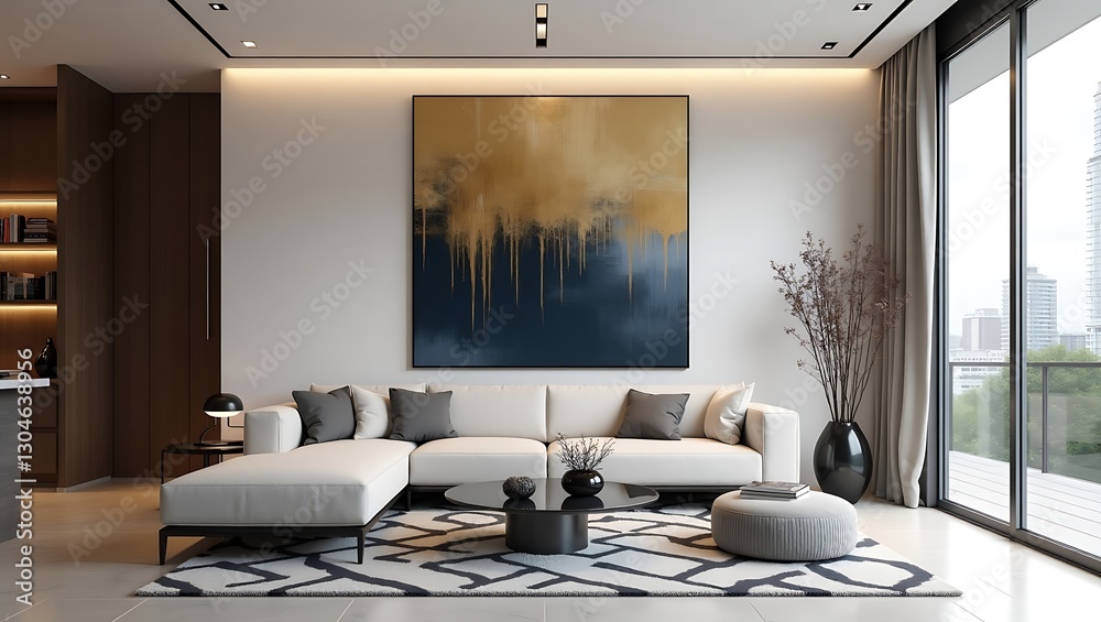 Fototapeta premium Modern drawing room interior design with minimalist wall painting and sofa couch and table . Drawing room furniture fashion design .