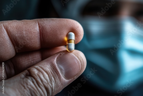 Hand holding a pill on a background of antiseptic and mask . 