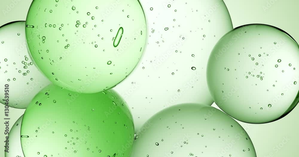 Cosmetics green serum liquid bubbles 3d abstract background. Cosmetic moisturizer essence gel. Collagen fluid bubble molecule. Moisturizing cream or oil, beauty skin concept