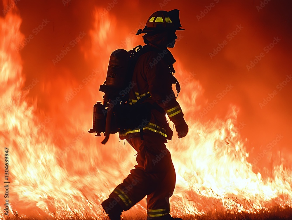 Firefighter battling wildfire at night