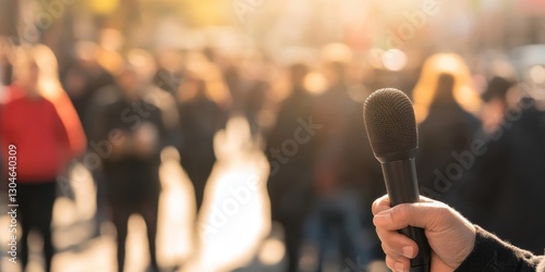 Blogger with a microphone records a journalistic vlog on a city street