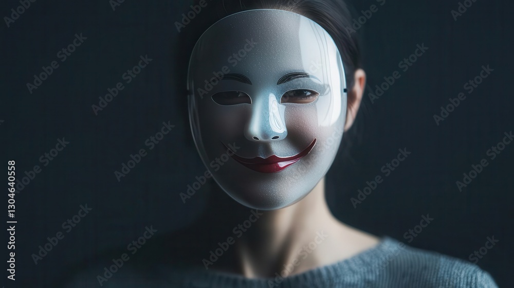 Masked Truth. A person wearing a translucent mask with a happy face, while their real face underneath shows sadness. The background is dark, Masked Truth. A person wearing a translucent mask with a happy face, while their real face underneath shows sadness. The background is dark,