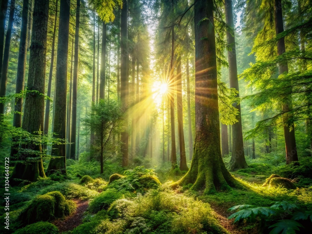 Fototapeta premium Majestic Dense Forest: Tall Trees & Lush Undergrowth Wilderness Landscape