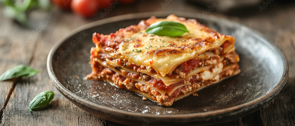 Macro view of lasagna on a rustic plate - Macro view of lasagna on a rustic plate -