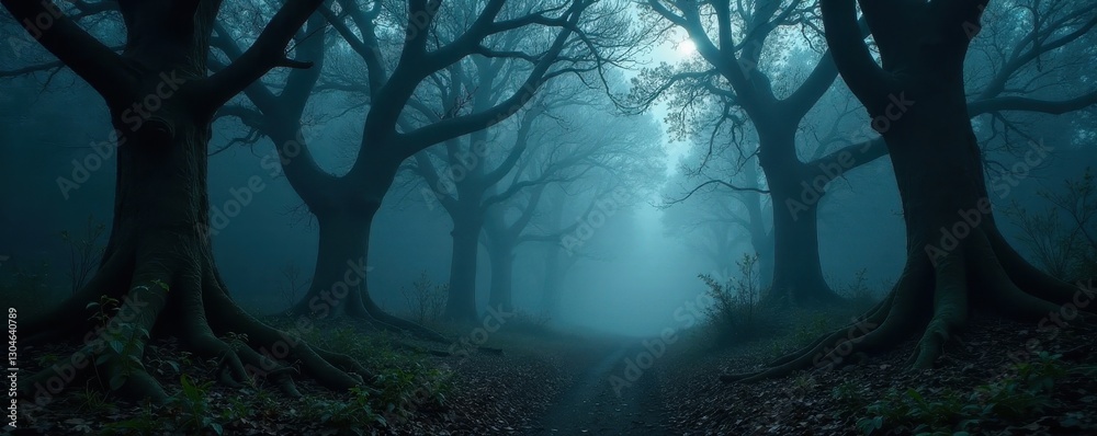 Naklejka premium Dark, misty forest, gnarled trees, eerie light, gothic, nature, creepy