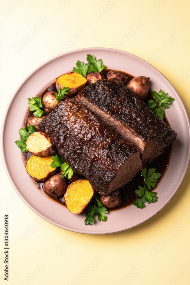 Juicy roast beef garnished with vibrant vegetables, showcasing r Juicy roast beef garnished with vibrant vegetables, showcasing r