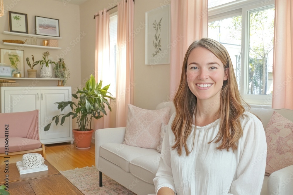 Smiling woman in a light and airy living room. Smiling woman in a light and airy living room.