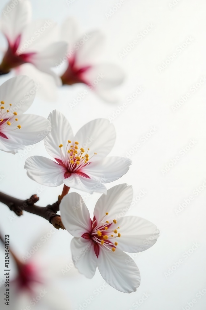 Obraz premium Delicate white sakura blossom, petals unfurled, pure white background , wedding, peace, soft