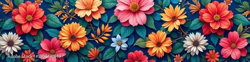 Colorful floral textile pattern with blossoms and leaves in vibrant hues, seamless, leaves