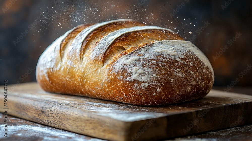 A freshly baked sourdough loaf, dusted with flour, sits on a rustic wooden board. Celebrating National Sourdough Bread Day with this artisanal bread