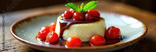 Indulgent creamy dessert, vibrant tomato compote, rich chocolate sauce , deliciousfood, sweettooth, brown photo