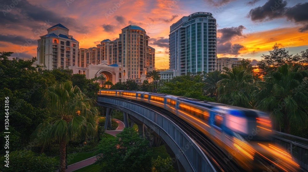Fototapeta premium Sunset Cityscape with Monorail