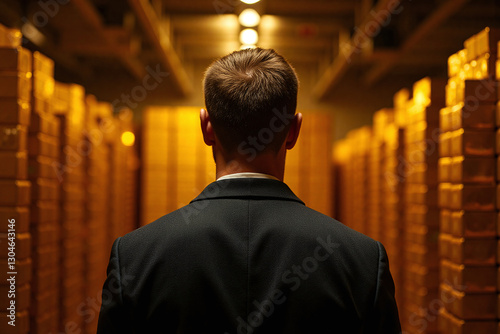 A man in business suit looking at a storage vault filled with stacked full of gleaming gold ingot bars. An auditor arriving to inspect and appraise US stockpile of gold reserves at Fort Knox. Concept.