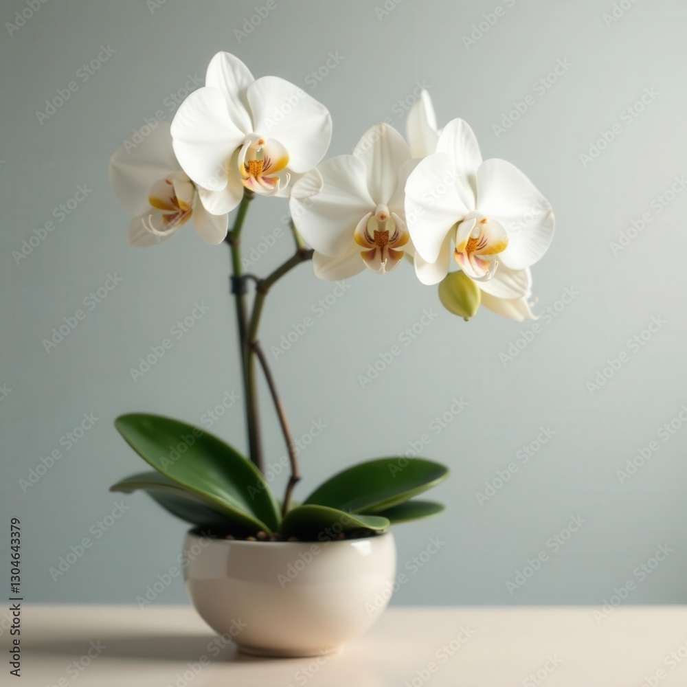 Obraz premium Large white orchid blooms in elegant ceramic pot, spring, potted plant, macro
