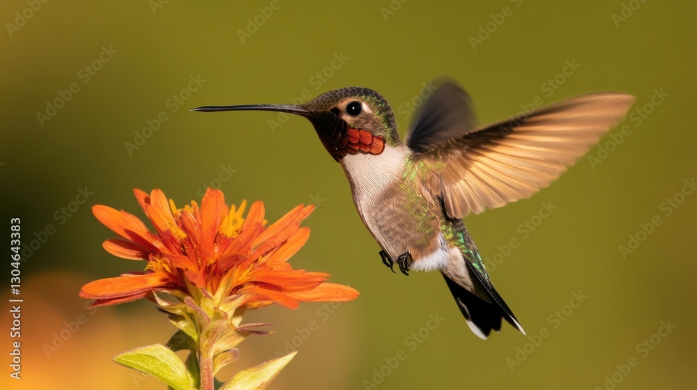 Fototapeta premium Colorful hummingbird hovering near vibrant flower, showcasing de