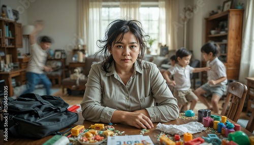 Stressed asian career mom trying to relax while children play around her