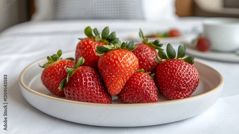 Strawberries on a plate, displayed on a bed, with breakfast setting, used for healthy eating Strawberries on a plate, displayed on a bed, with breakfast setting, used for healthy eating
