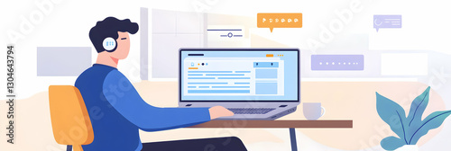 Man using laptop for AI chatbot interaction, artificial intelligence search concept  -