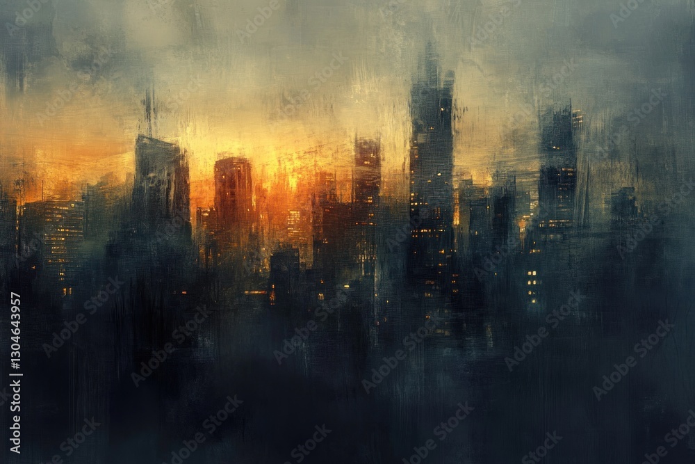 Obraz premium Smoky city skyline at sunset, painted style.