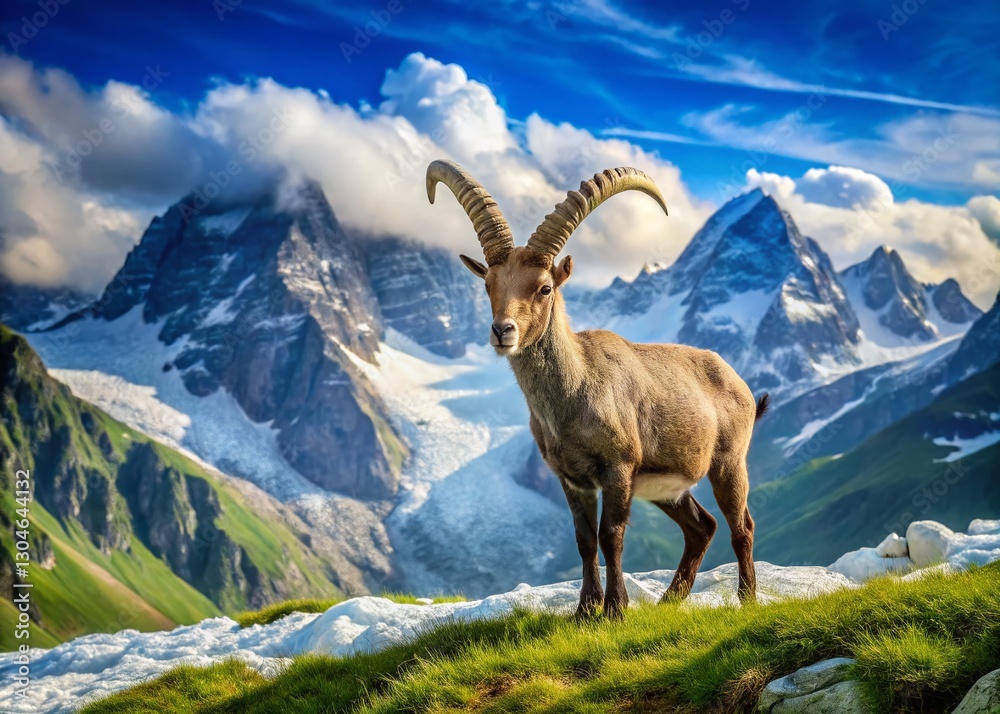 Majestic Ibex Grazing in Alpine Meadows: Stunning Mountain Wildlife Stock Photo Majestic Ibex Grazing in Alpine Meadows: Stunning Mountain Wildlife Stock Photo