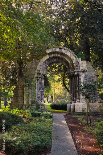 Oviedo, Spain. Campo de San Francisco. Entrance to the old church of San Isidoro.