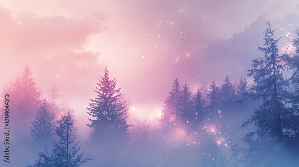 Fototapeta premium Foggy landscape with pastel trees and glowing light orbs delicate background wallpaper