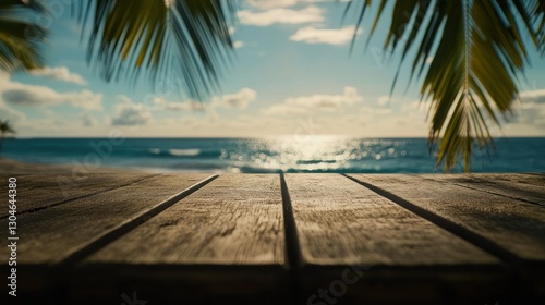 Tropical Beach Sunset View from Wooden Deck