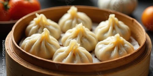 Plump, glistening dumplings nestled in a round bamboo steamer , cooking, dimsum, meal
