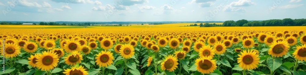 Obraz premium Rows of sunflowers blanket the land, creating a breathtaking panorama , vibrant, growing