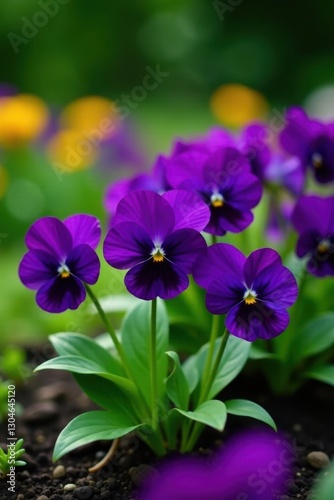 Several purple pansies thriving in a garden bed, planting, ground