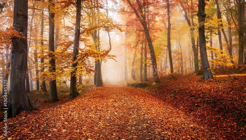 Obraz premium Autumn forest with golden and red leaves covering the ground, a misty path leading into the trees. The scene evokes a peaceful, tranquil atmosphere, capturing the essence of fall.