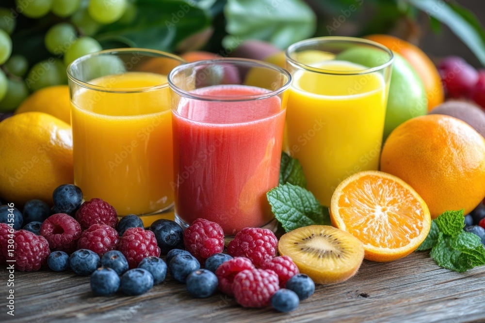 Vibrant fruit juice assortment on rustic wood table offering refreshing taste and visual appeal perfect for healthy lifestyle promotion