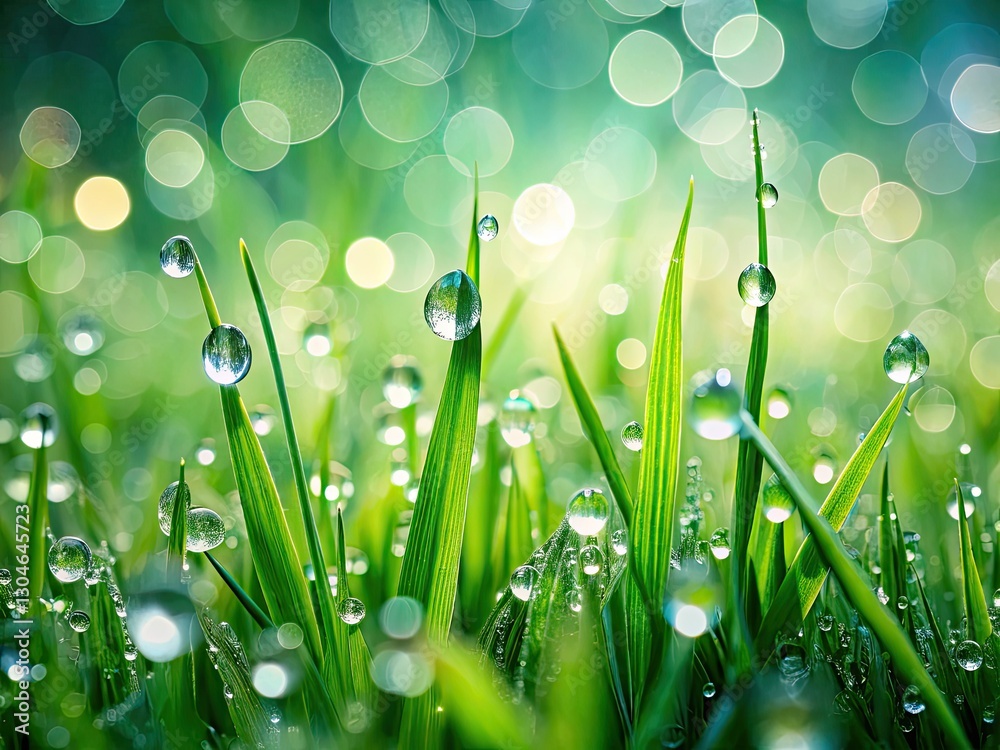 Fototapeta premium Double exposure captures spring rain's gentle caress on lush green grass, a tranquil garden scene.