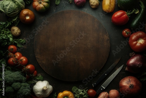 Professional photo of a moody flat lay of fresh vegetables, knife, and wooden chopping board, arranged around the edges, leaving a vast negative space in the center for a text overlay photo