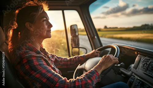 Wallpaper Mural Mature woman driving a truck on a rural road during sunset  - Torontodigital.ca