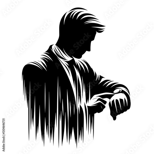 Businessman looking at wristwatch, black and white vector