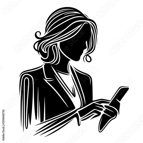 Businesswoman using smartphone, black and white vector