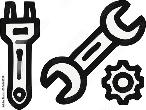 Wrench, gear, and tools icon foCar with open hood icon for diagnostics.r repair.