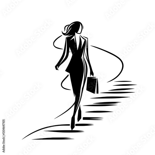 Businesswoman walking up the stairs, black and white vector
