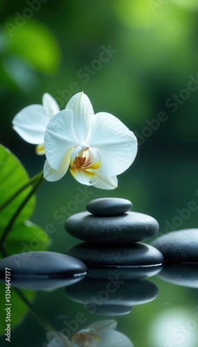 White orchid beside water, cool grey massage stones, aromatherapy, smooth stones, elegant