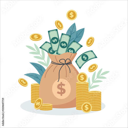 Vector illustration of a money bag filled with cash and surrounded by gold coins. The concept represents financial success, investment, wealth, and economic growth.