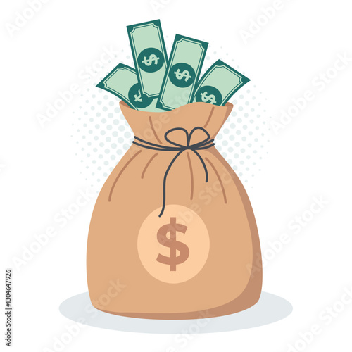 Vector illustration of a money bag filled with dollar bills. Represents financial success, wealth, investment, and prosperity. Perfect for banking, business, and finance concepts.