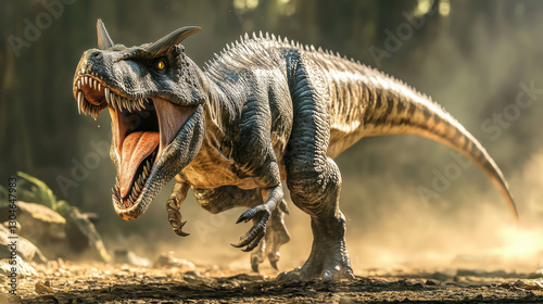 A fierce ceratosaurus roaring, its sharp horns and scaly texture catching the soft rim light, detailed reptilian features photo