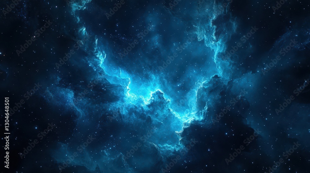High-resolution cosmic backdrop with swirling clouds and glowing particles in deep blue and teal
