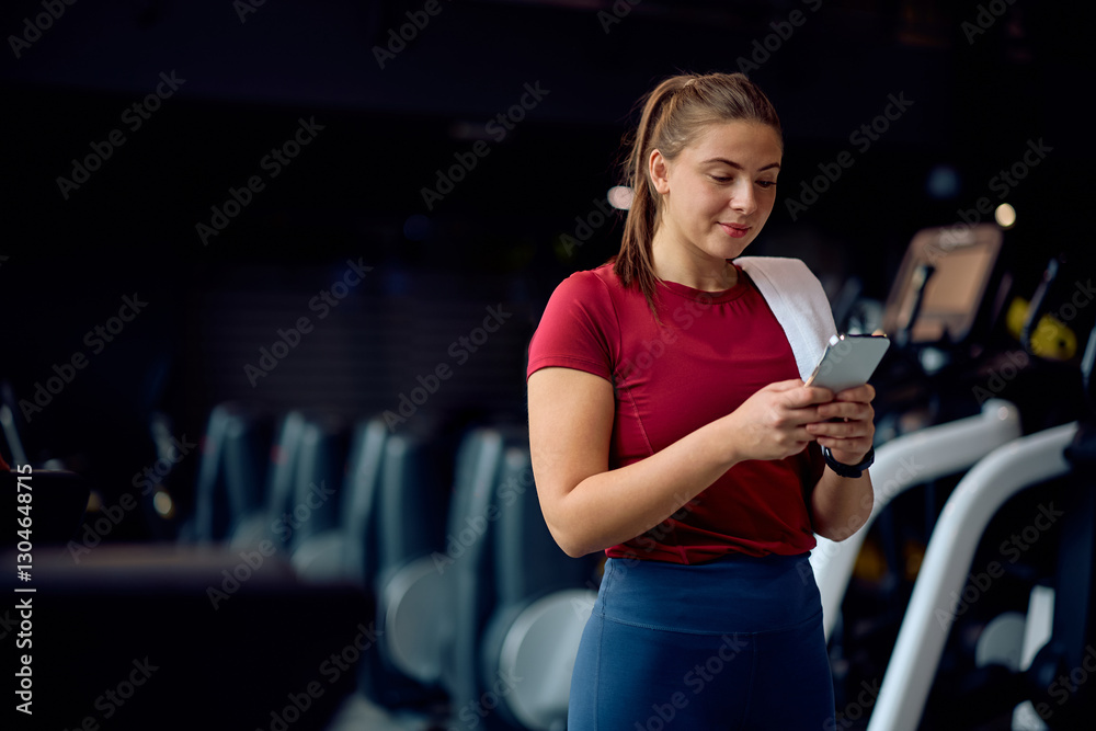 Obraz premium Young sportswoman using app on smart phone while working out in gym.